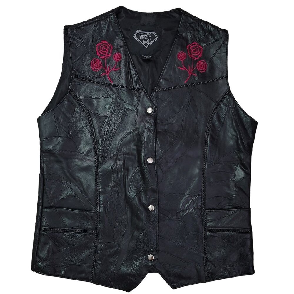 Vintage Buffalo Leather Co. Black Leather Vest With pink Rose Embroidery Size 2X